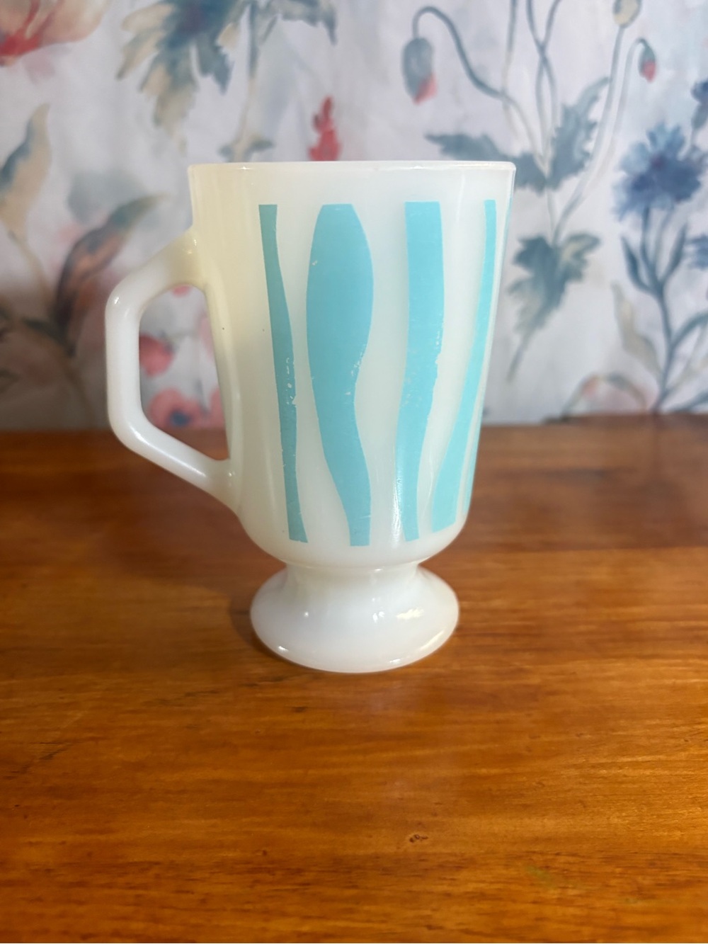 Vintage Pedestal Mug in White with Aqua Blue Stripe